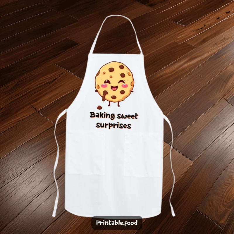 Funny apron featuring a happy cookie character with melting chocolate chips, ideal for a humorous cooking experience.