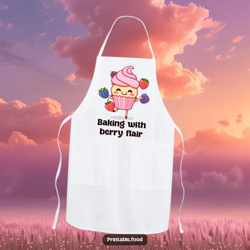 Funny cupcake character giggling while juggling berries, worn as an apron, bringing sweet humor and playfulness to the kitchen.