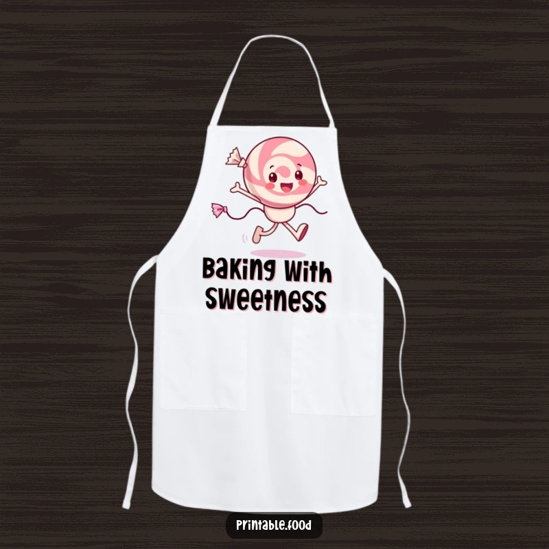 Funny cheerful candy apron with a character skipping, wrappers trailing, practical for kitchen use with a fun twist.