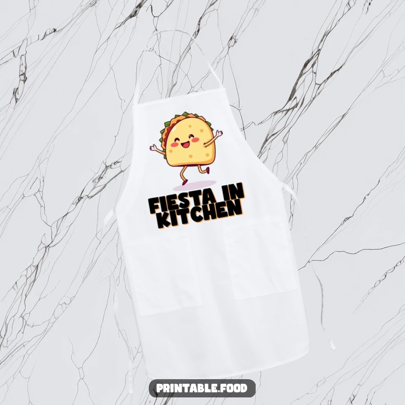 Funny apron showcasing a happy taco with legs dancing the salsa, adding festive flair to cooking.