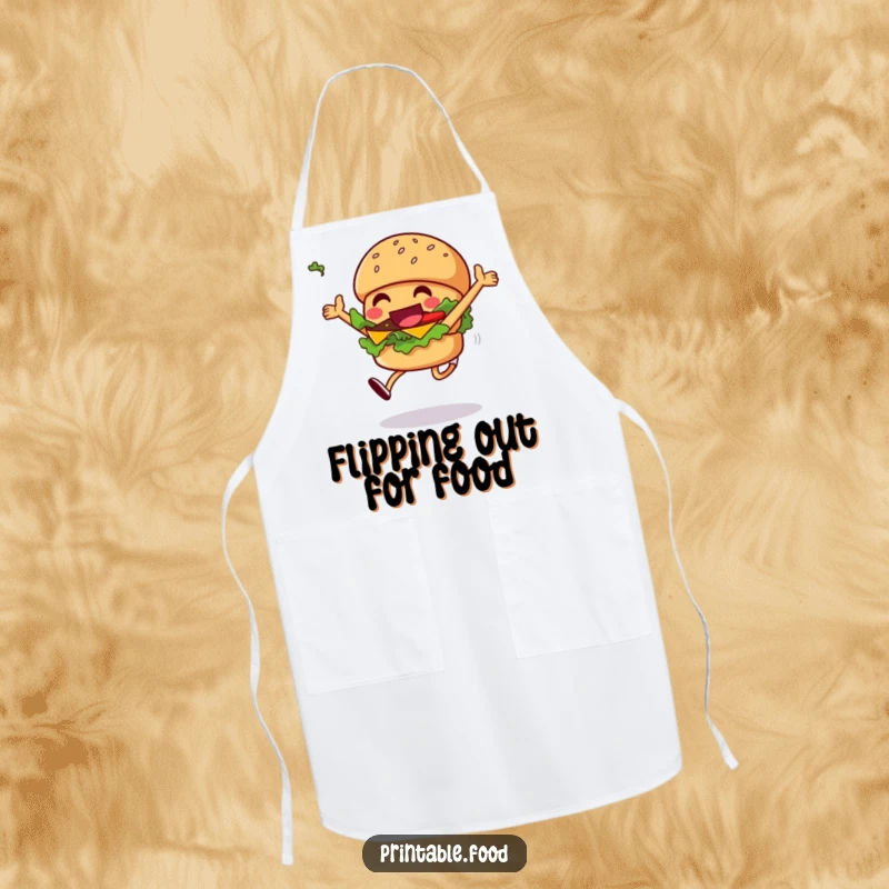 Funny grinning burger apron with a character leaping, lettuce flying, practical for kitchen use with a playful twist.