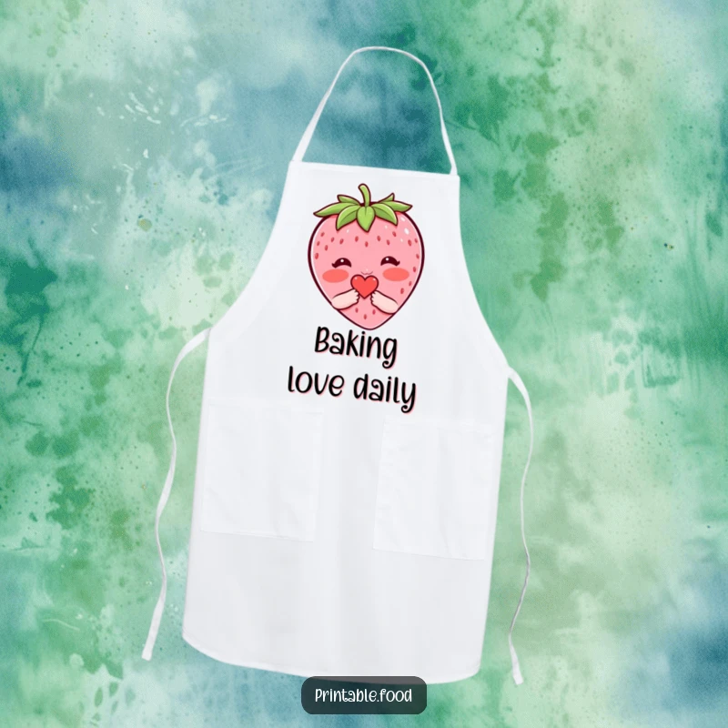 Funny apron with a shy strawberry character blushing as it offers a tiny heart, perfect for adding sweetness to cooking.