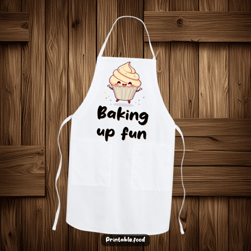 Funny Apron design of a gleeful cupcake character dancing and spinning, leaving a delightful trail of sprinkles while cooking.