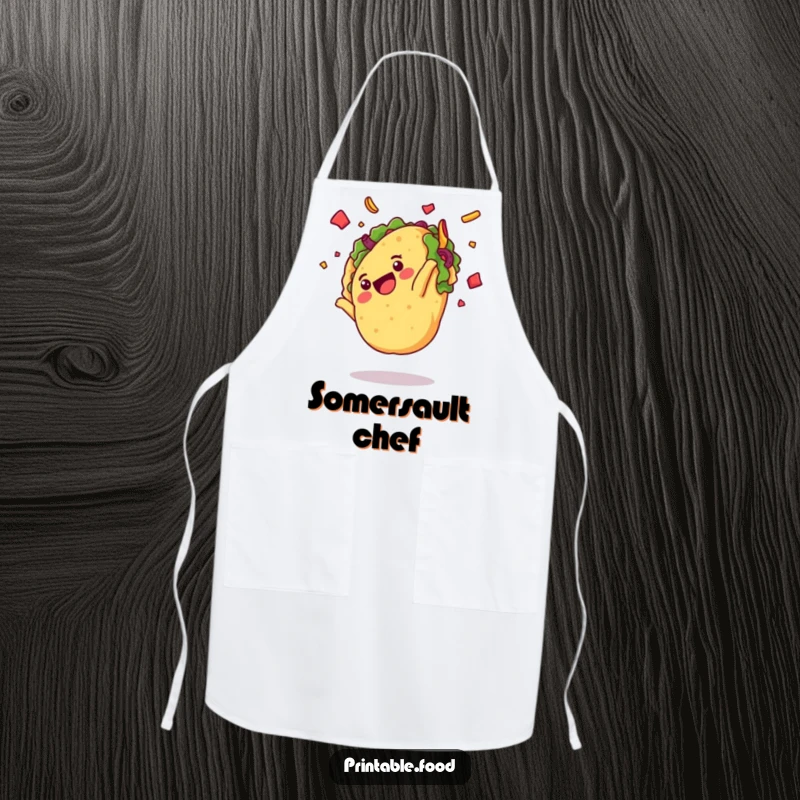 Funny apron with a delighted taco character doing a somersault with flying toppings, bringing fiesta humor to the kitchen.