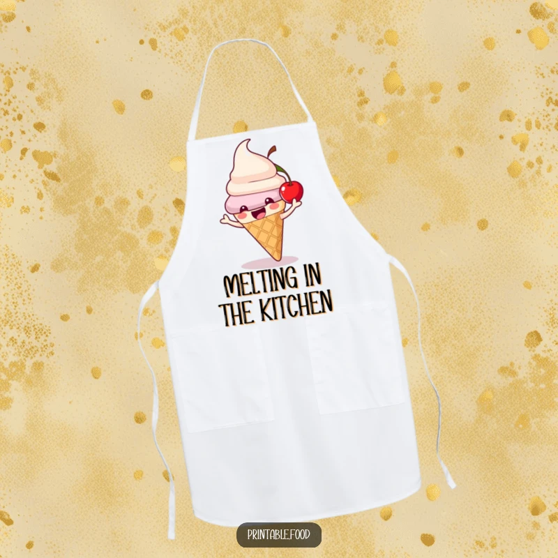 Funny ice cream cone apron featuring a playful character with a bouncing cherry, practical for kitchen use with a fun twist.