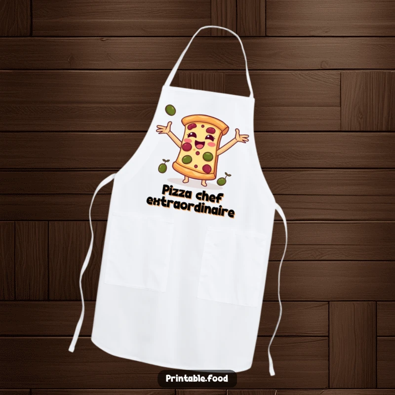 Funny apron depicting a cheerful pizza slice character catching falling olives, perfect for kitchen protection and pizza-themed fun.