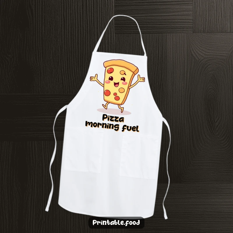 Funny smiling pizza slice character with arms and legs dancing energetically on a functional apron, bringing humor to the kitchen.