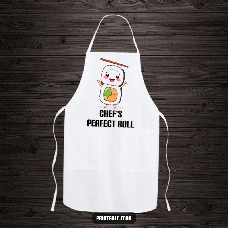 Funny Apron with a smiling sushi roll in a handstand pose, chopsticks in place, for the playful chef.
