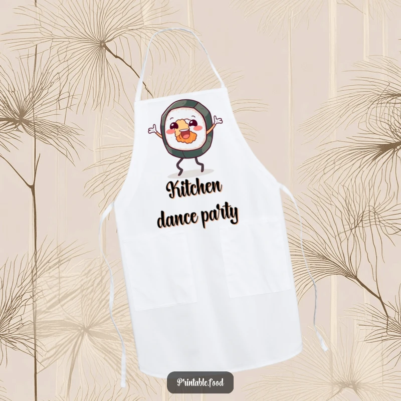 Funny apron showcasing a cheerful sushi roll character with legs, enthusiastically jigging while ready to whip up delicious meals.