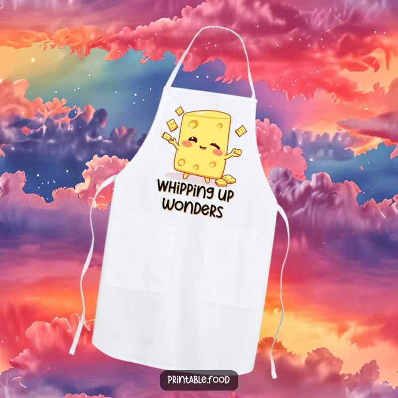 Funny apron showing a winking cheese wedge character juggling crackers, perfect for kitchen duties with a humorous, lighthearted touch.