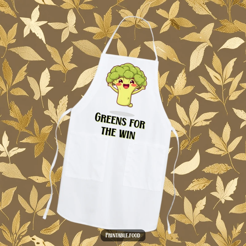 Funny apron featuring a spirited broccoli floret in a happy jump, adding playful energy and veggie charm to your cooking adventures.