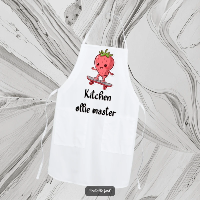 Funny Apron: Strawberry character with chef's hat riding a skateboard, a humorous and practical accessory for the kitchen.