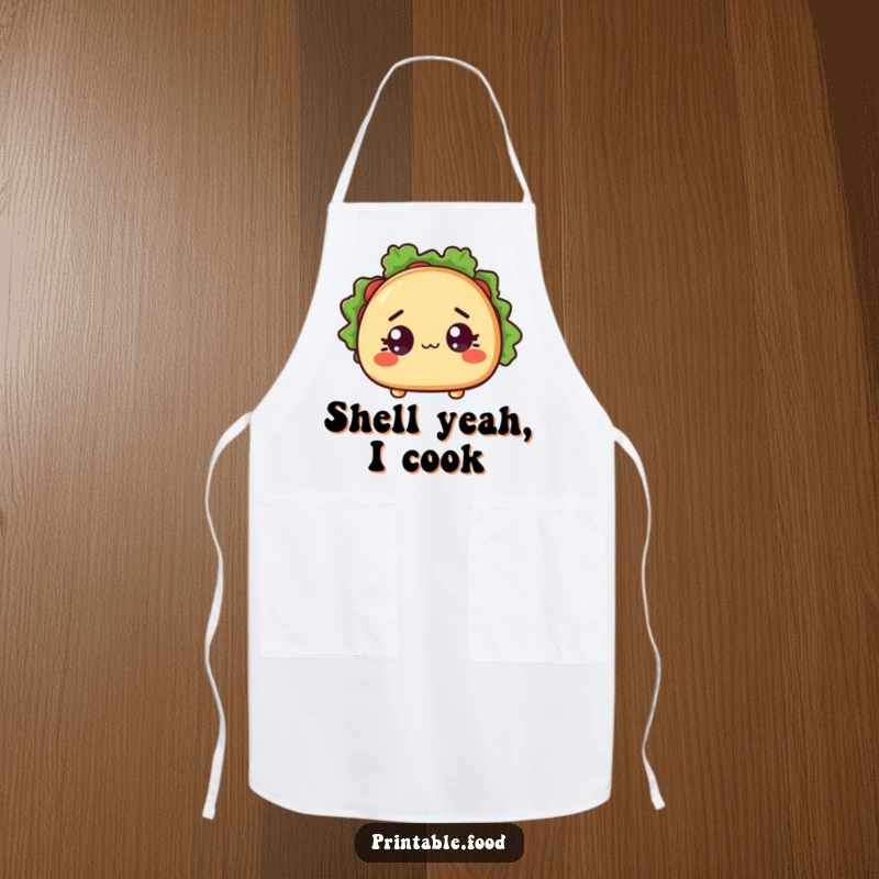 Funny apron showing a shocked taco character with wide eyes and an open shell, perfect for protecting clothes with humor.
