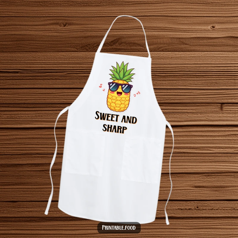 Funny apron featuring a cool pineapple in sunglasses, humming, adding tropical flair and humorous protection to your cooking attire.