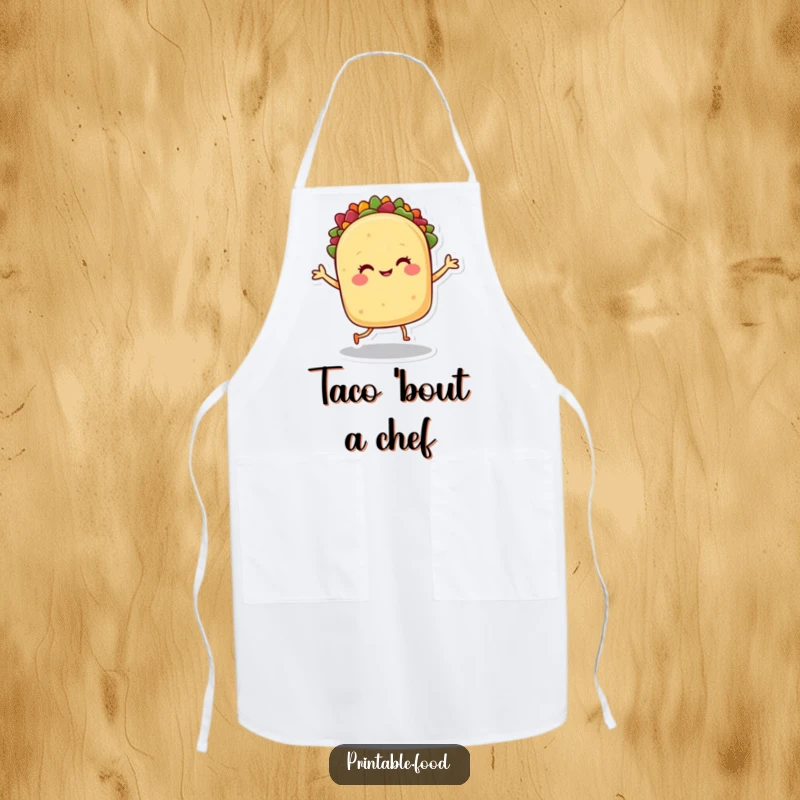 Funny apron: A smiling taco character dances with zest, perfect for adding a festive flair to cooking.