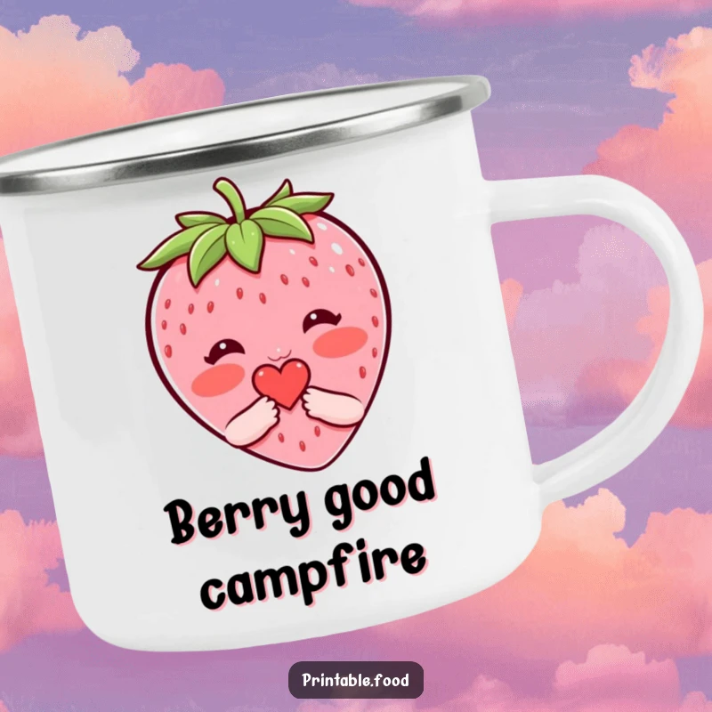 Funny camping mug with a shy strawberry character blushing as it offers a small heart, great for outdoor charm and humor.