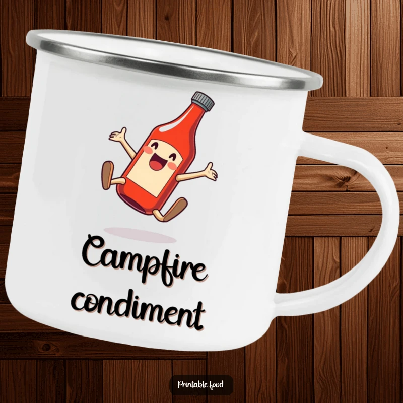 Funny camping mug featuring a spirited ketchup bottle doing a cartwheel, perfect for outdoor adventurers.