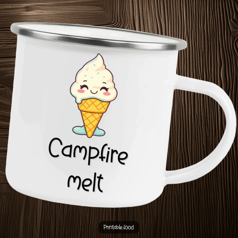 Funny Ice Cream Camping Mug: A smiling ice cream cone character melts with glee, perfect for outdoor enthusiasts who love sweet designs.