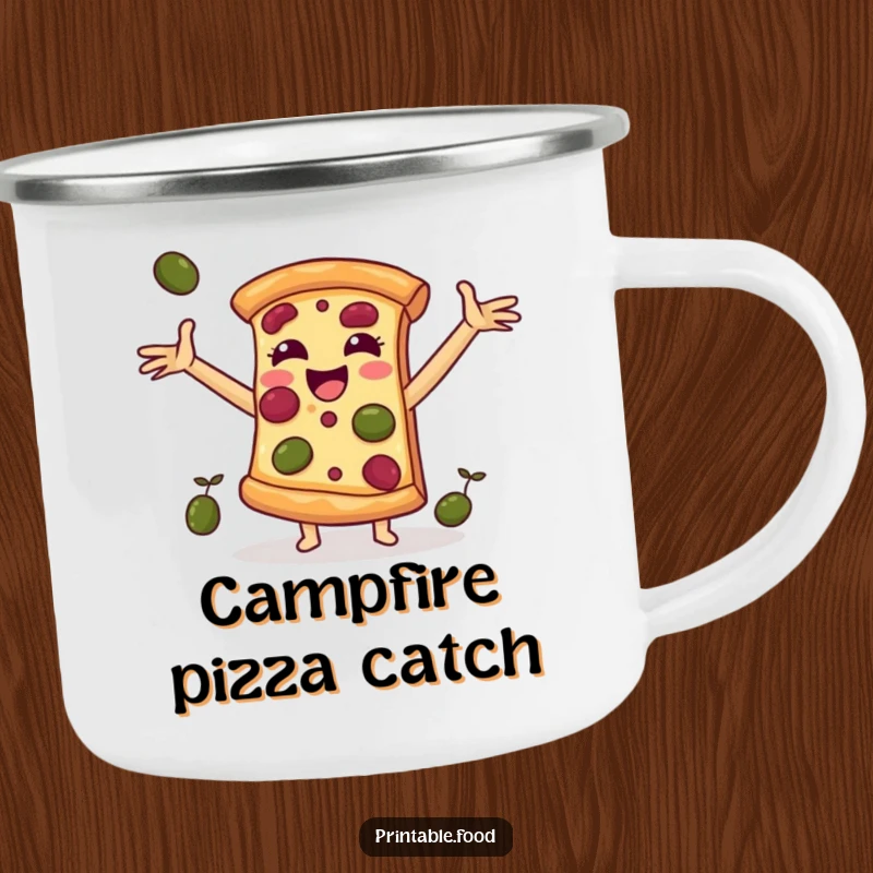 Funny camping mug with a design of a pizza slice character catching falling olives, perfect for outdoor meal enjoyment.