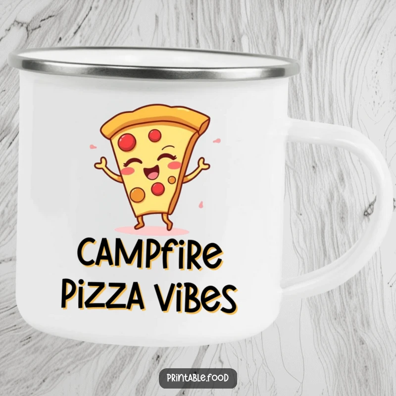 Funny Camping Mug with a winking pizza slice character performing a silly dance, ready for any outdoor culinary adventure.