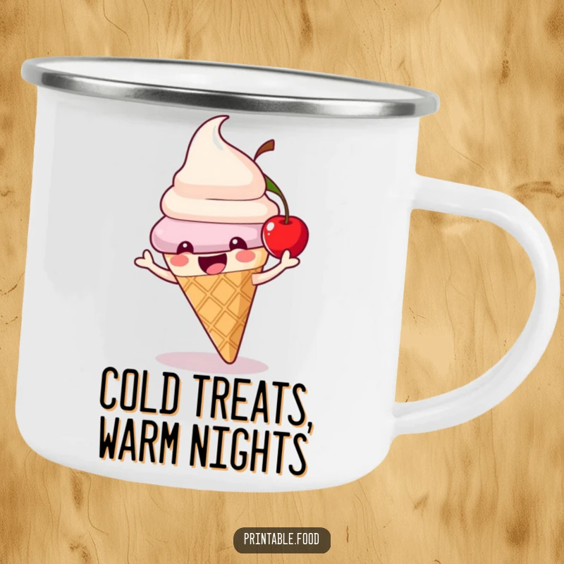 Funny ice cream cone camping mug with a playful character and a bouncing cherry, perfect for enjoying drinks outdoors.