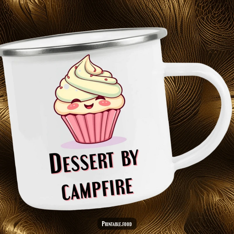 Funny camping mug with a giggling cupcake character puffing out frosting, durable and ready for sweet adventures.