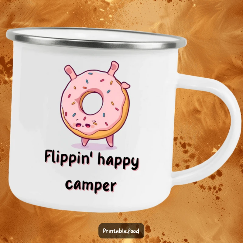 Funny Donut Somersault Camping Mug: A plump, sprinkled donut character performs a cheerful somersault, bringing sweet humor to your adventures.