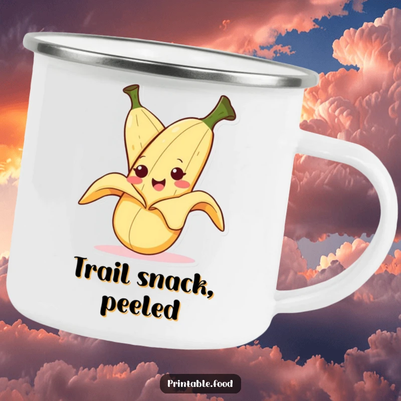 Funny camping mug with a smiling banana character hilariously peeling itself with a mischievous expression, perfect for outdoor drinks.