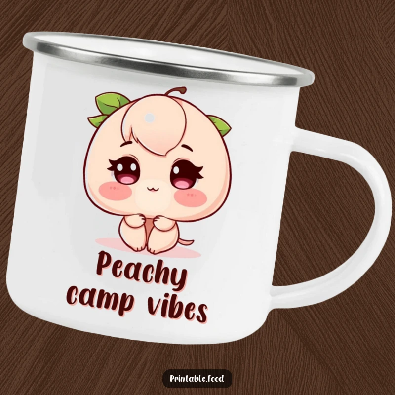 Funny Blushing Peach Camping Mug: A durable mug featuring a peach blushing intensely, with rosy cheeks, perfect for enjoying drinks outdoors.