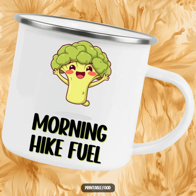 Funny camping mug showcasing an energetic broccoli floret jumping for joy, perfect for outdoor enthusiasts who love a good laugh.