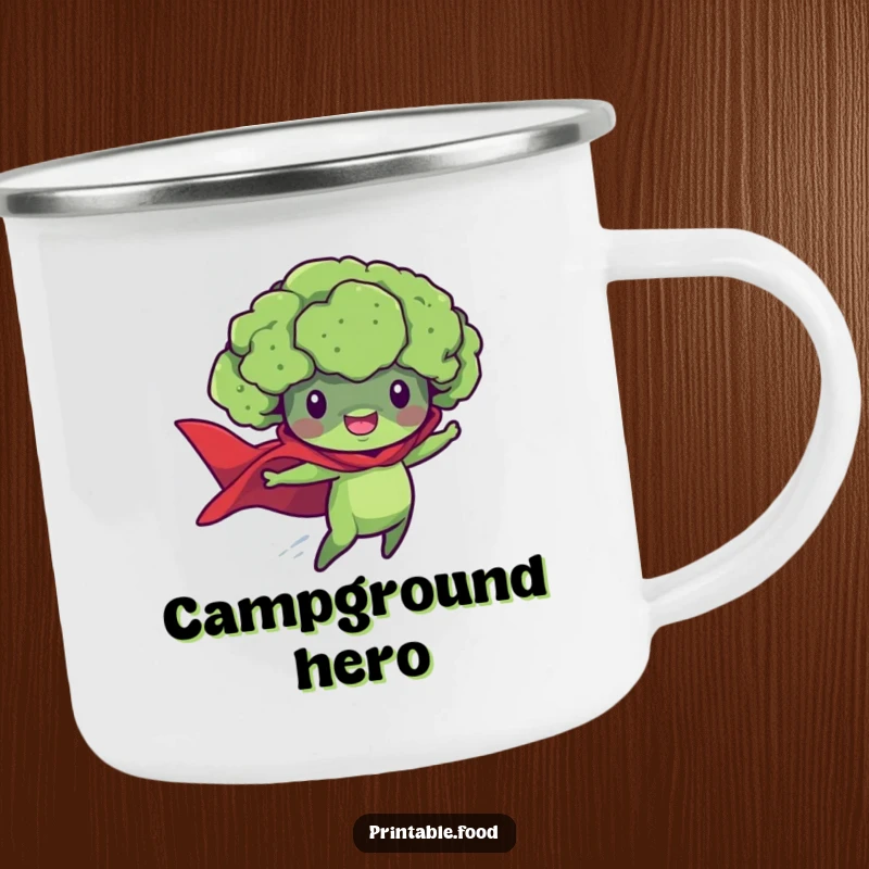 Funny camping mug featuring a flying broccoli floret superhero, ideal for adventurers who love a healthy dose of humor.