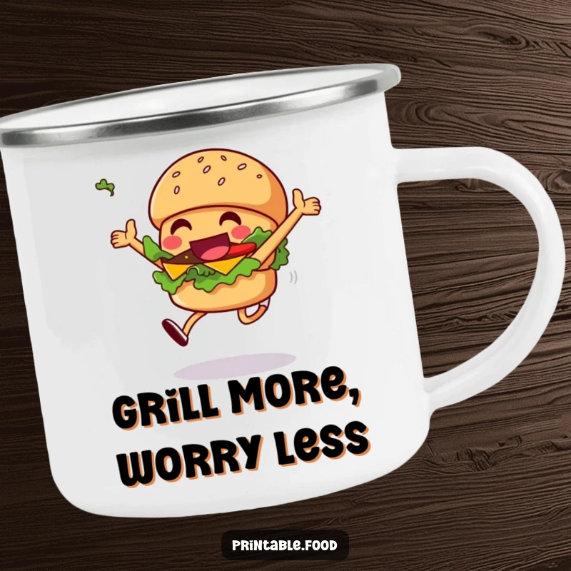 Funny grinning burger camping mug with a character leaping, lettuce flying, perfect for enjoying drinks outdoors.