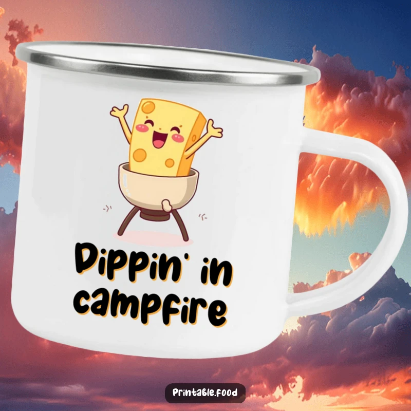 Funny Cheese Fondue Camping Mug: A delighted cheese character leaps into a fondue pot, bringing cheesy humor to your adventures.