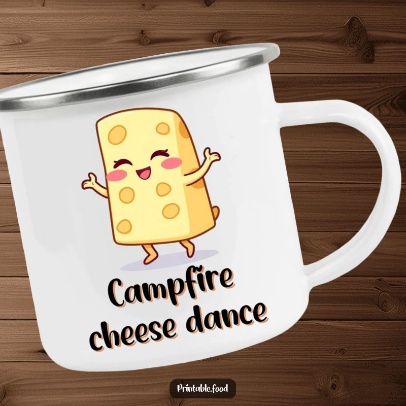 Funny camping mug featuring a winking cheese wedge character doing a playful jig, perfect for enjoying drinks during outdoor adventures.
