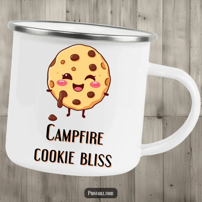 Funny camping mug with a happy cookie character and melting chocolate chips, perfect for outdoor humor.