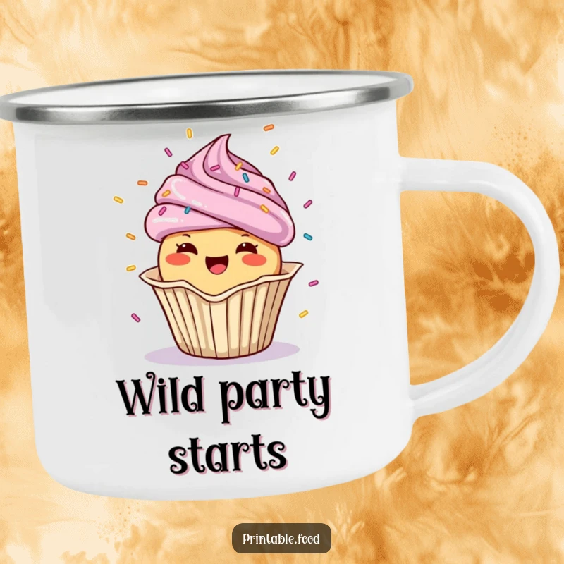 Funny Camping Mug with a cheerful cupcake showering confetti, bringing party vibes to outdoor adventures.