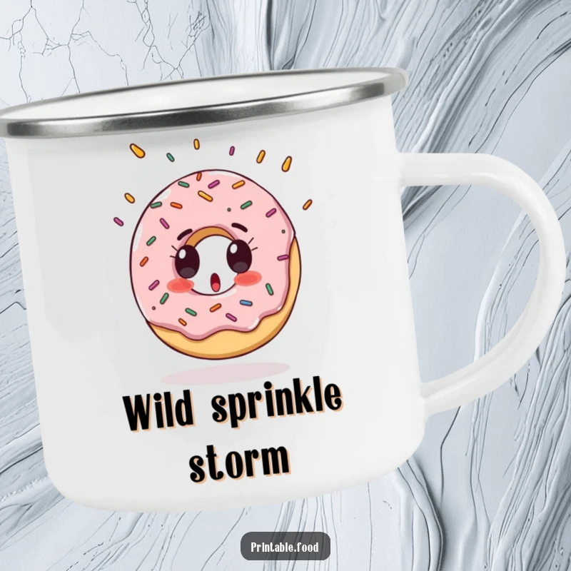 Funny Camping Mug with a surprised donut character and falling sprinkles, bringing sweet fun to outdoor trips.