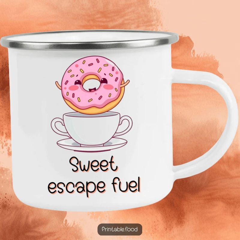 Funny Camping Mug featuring a giggling donut with sprinkles jumping over a teacup, great for outdoor enjoyment.
