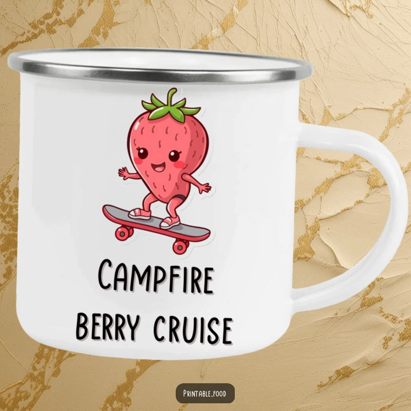 Funny Camping Mug: Strawberry character riding a skateboard on a trail, a humorous and rugged companion for outdoor trips.