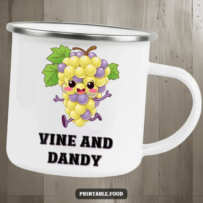 Funny grape bunch character with tiny feet running on a rugged camping mug, designed for outdoor fun and humor.