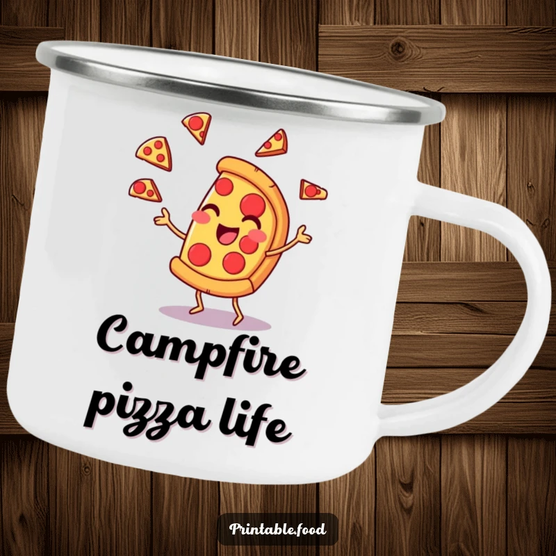 Funny camping mug featuring a pizza slice character juggling pepperoni slices with a smirk, perfect for enjoying drinks during outdoor adventures.
