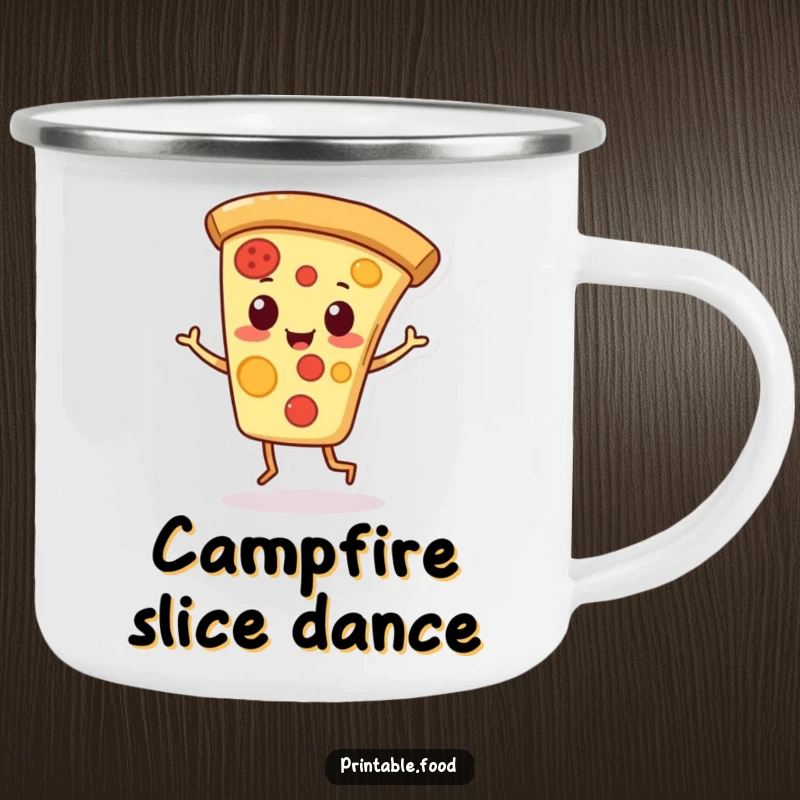 Funny camping mug with a playful pizza slice character doing a jaunty jig, perfect for outdoor humor.