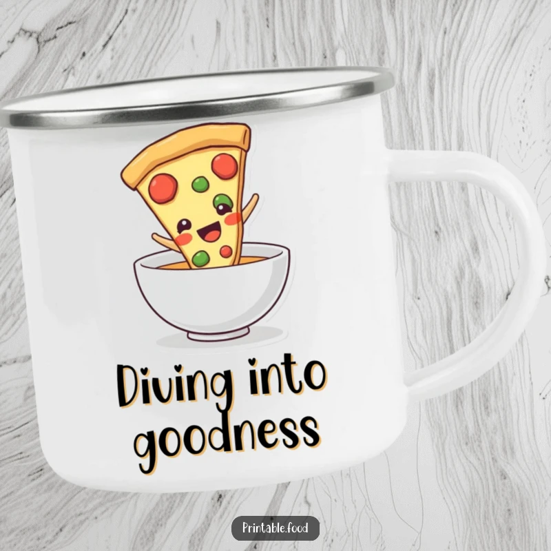 Funny pizza slice character sliding into a bowl, printed on a durable camping mug, for humorous outdoor enjoyment and pizza appreciation.