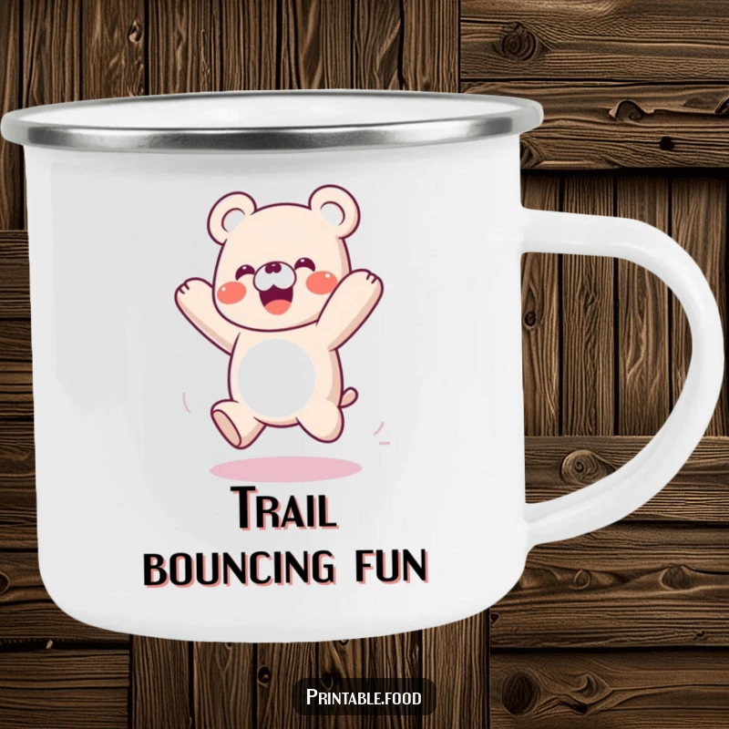 Funny camping mug with a playful gummy bear character bouncing like a spring, durable and ready for adventure.