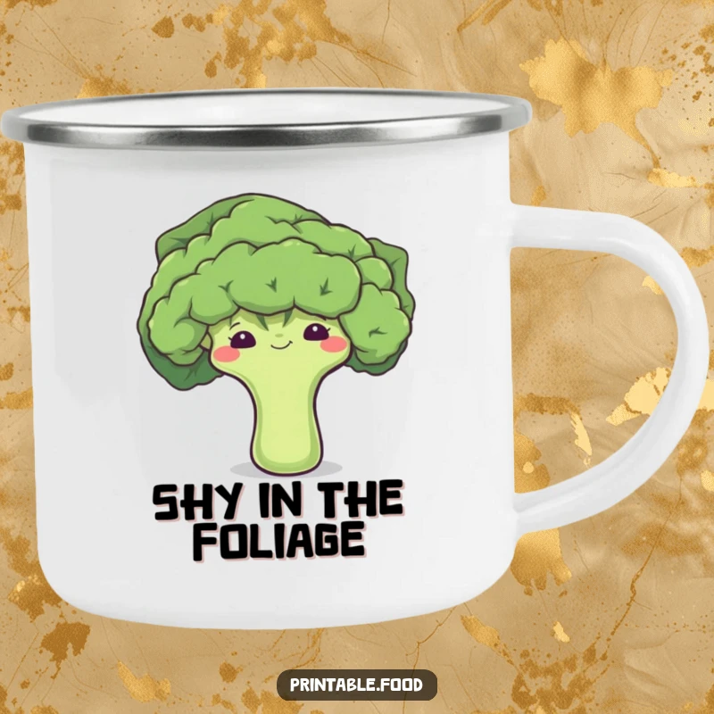 Funny camping mug featuring a shy broccoli floret peeking shyly from behind a leaf, adding humor to outdoor drinks.