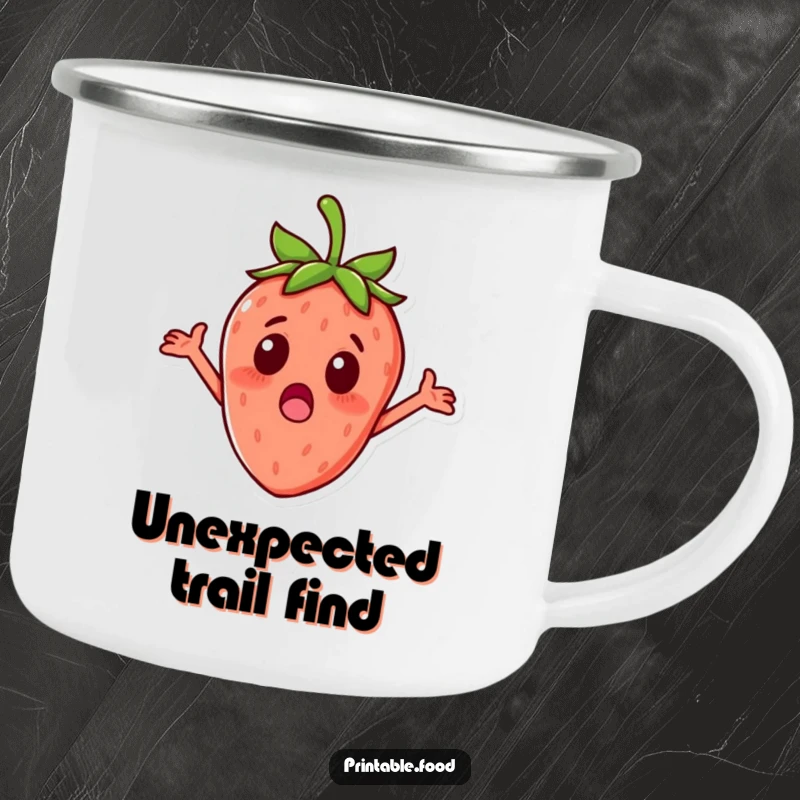 Funny surprised strawberry with tiny arms outstretched on a camping mug, great for fruity outdoor humor.