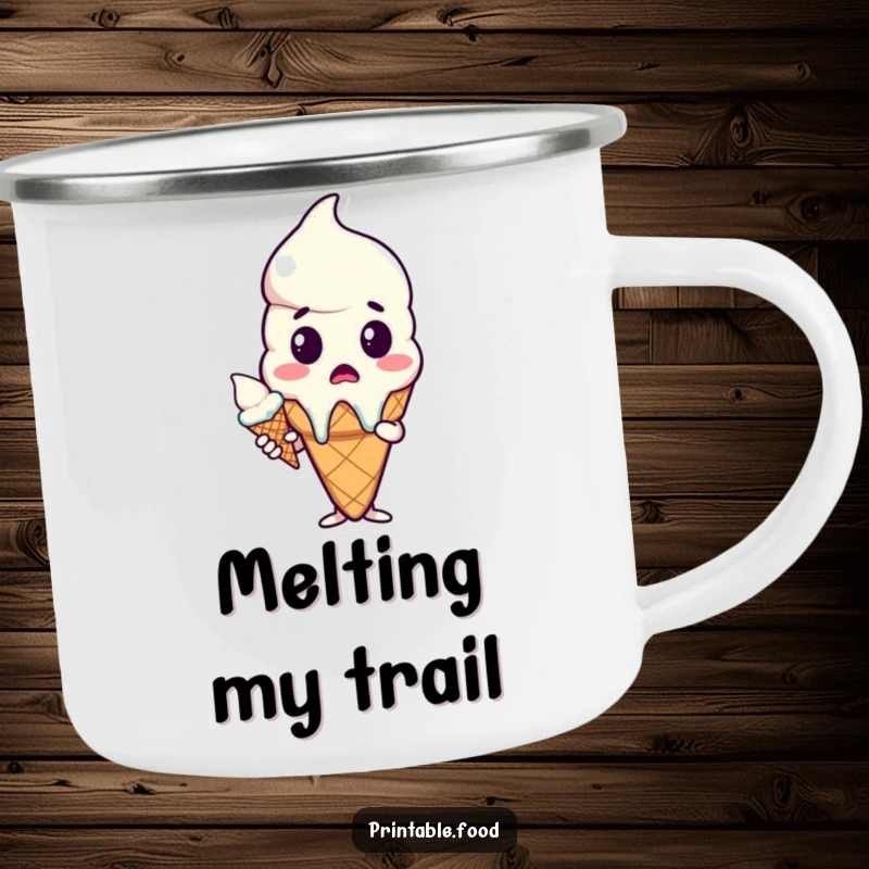 Funny camping mug showcasing a surprised melting ice cream cone character, ideal for outdoor humor and as a unique gift.