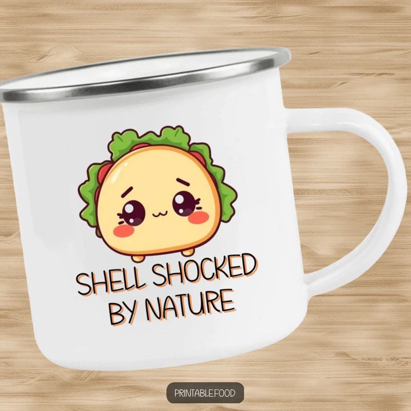 Funny camping mug with a wide-eyed, surprised taco character and open shell, ready for outdoor meals and chuckles.