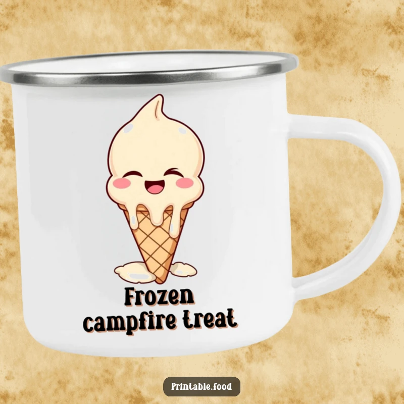 Funny camping mug with a design of a winking ice cream cone melting with laughter, perfect for enjoying treats outdoors.