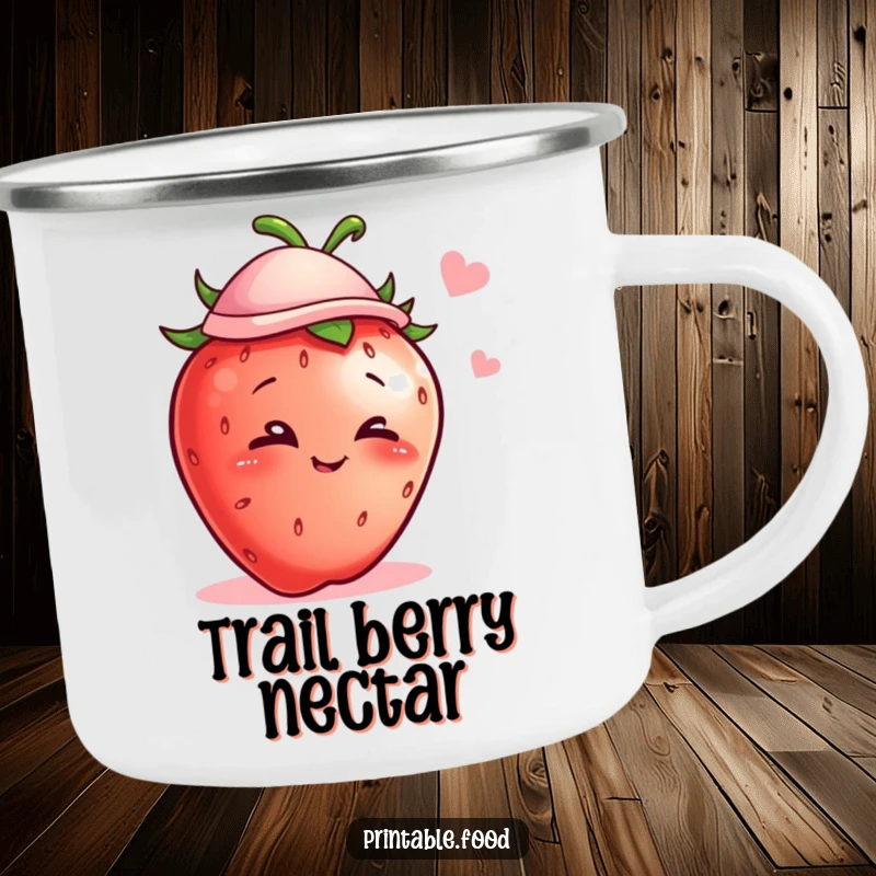 Funny camping mug featuring a mischievous strawberry with a hat and a wink, ready for outdoor adventures.